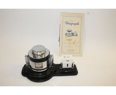 ART DECO BAROMETER - UNIGRAPH a chrome mounted desk barometer and thermometer, and also with a calendar. Also with original l