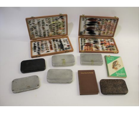 RICHARD WHEATLEY FLY BOXES &amp; FISHING ACCESSORIES including two wooden fly boxes by Richard Wheatley, with a large number 