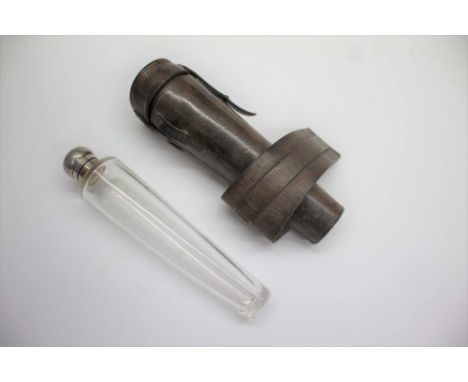 LEATHER CASED HUNTING FLASK a conical shaped glass flask, with a silver screw cap and in a leather case. Marked for Birmingha