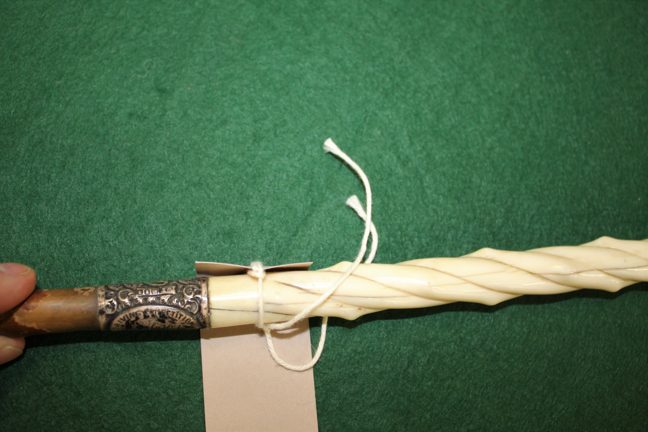 IVORY & SILVER MOUNTED RIDING/CARRIAGE WHIP with a silver top and