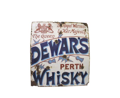 DEWARS WHISKY - LARGE ENAMEL SIGN a large enamel advertising sign for Dewars Whisky, Perth, By Royal Warrant to her Majesty t