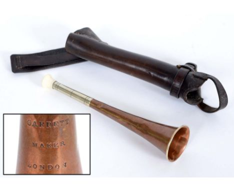CASED HUNTING HORN - GARRETT a copper and metal hunting horn, with an ivory mouthpiece and in a fitted leather case. Marked, 