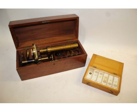 CASED MICROSCOPE &amp; MICROSCOPE SLIDES - BECK an interesting brass microscope by R &amp; J Beck, the folding microscope wit
