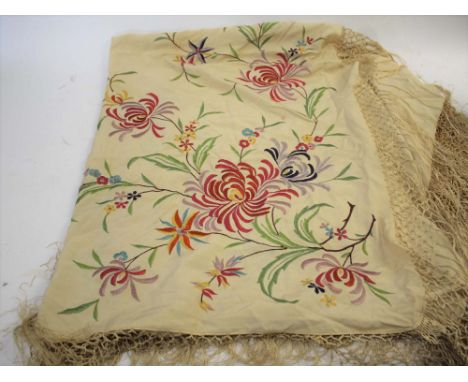 VINTAGE SHAWL an early 20thc cream silk fringed shawl, with vibrant embroidered floral design. Also with a pale blue devore f