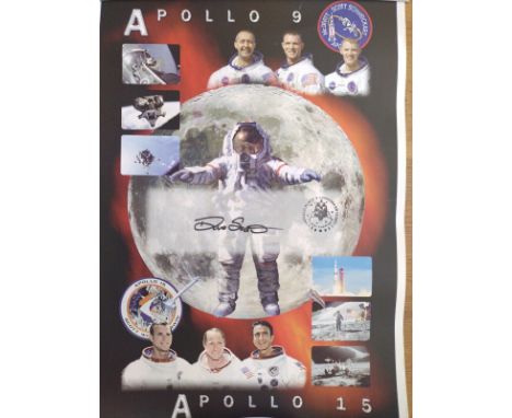 Apollo 14 moonwalker Dave Scott Signed 12x18 inch colour Space Poster, Comm his Apollo 9 mission, thin paper. Large bold auto