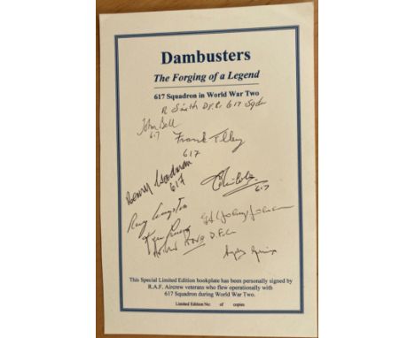 WW2 Dambusters, Tirpitz 617 sqn veterans multiple signed bookplate. Signed by ten inc. G Johnny Johnson, Ray Grayston, John B