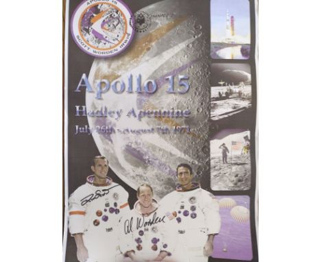Apollo 15 astronauts Al Worden and Dave Scott Signed 12x18 inch colour Space Poster, thin paper comm the 1971 Apollo 15 missi