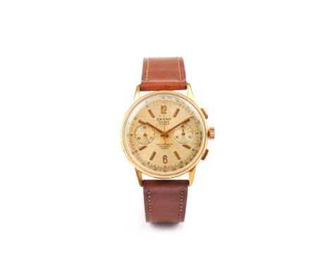 CaunyPrima model. Winding mechanical movement (cal. Valjoux 7733) with chronograph function. Yellow gold plated case with sta