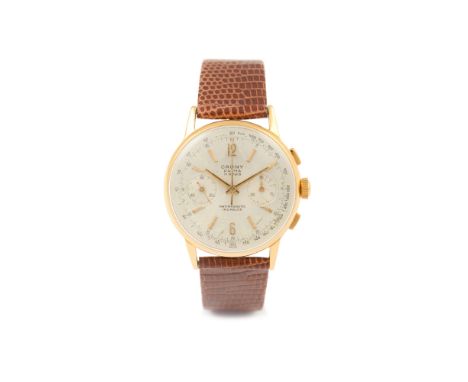 CaunyPrima model. Winding mechanical movement (cal. Valjoux 7733) with chronograph function. Yellow gold plated case with sta