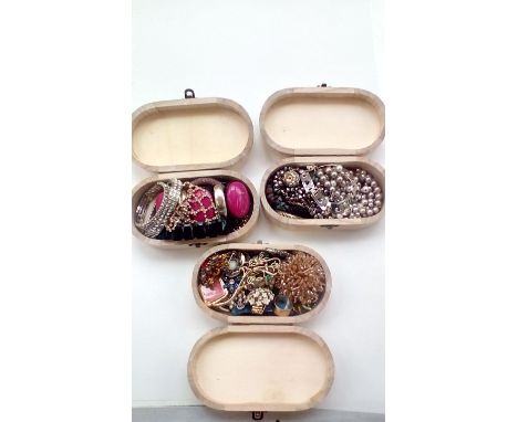 Three jewellery boxes and contents, to inlcude John Richards bracelet, some vintage brooches, earrings etc 