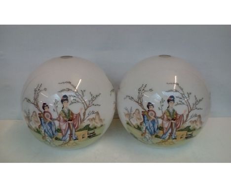 Two oriental style globular glass light shades 