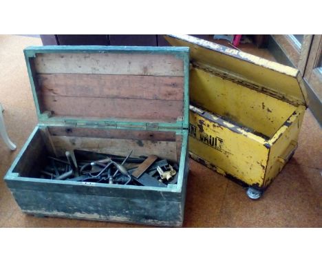 Vintage pine chest and tools together metal hardware chest 