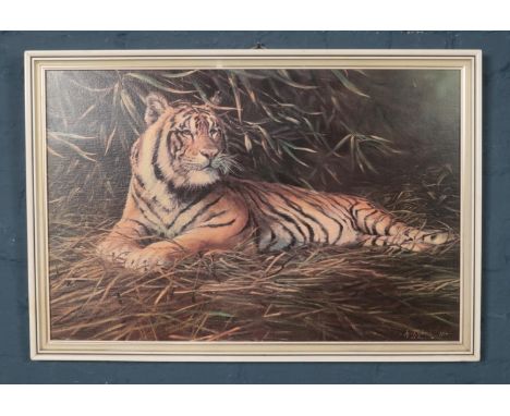 A framed Longleat tiger (Shere Khan) print. Boots label to the back.  