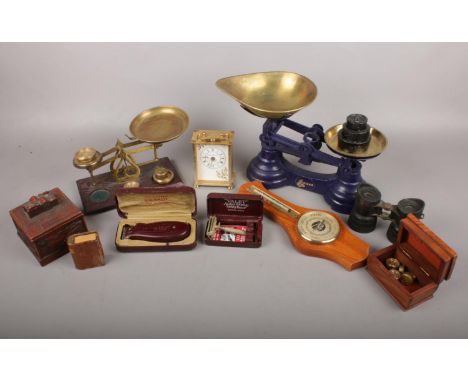 A box of collectables. To include a 'Valet' auto strop razor with original box and instructions, two sets of scales with weig