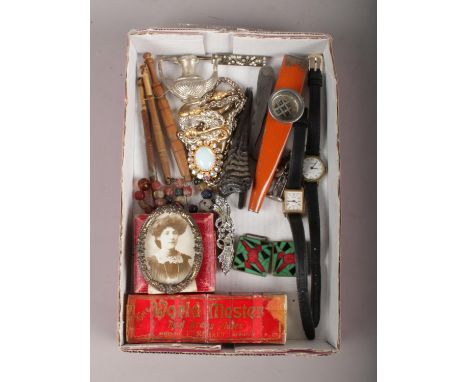 A small box of assorted items. To include two ladies wristwatches, a boxed World Master Harmonica, &amp; 9ct gold chain (brok