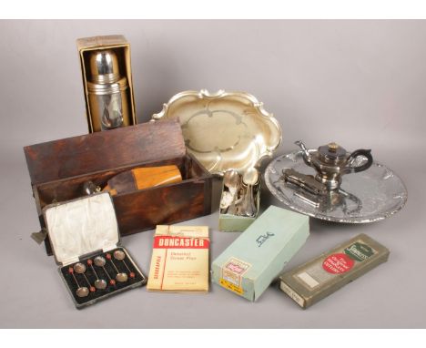 A box of mostly metalwares. To include a vintage Thermos flask in original box, two boxes of James Dixon cutlery, wooden shoe
