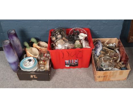 Three boxes of miscellaneous. Including pair of large glass vases, two ceramic duck centre pieces, glassware, etc.  