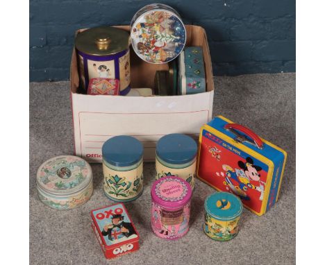 A box of vintage tins. Including Quality Street, Oxo, Mickey Mouse lunch box, etc.  