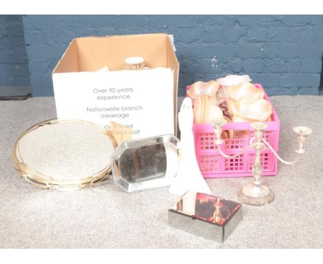 Two boxes of miscellaneous. Silver plated candelabra, Leonardo collection figure, quantity of vintage glass shades.  
