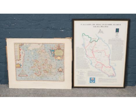 A framed regimental map together with a Christopher Saxton printed map. To include a 1st Battalion Royal Lincolnshire Malaya 