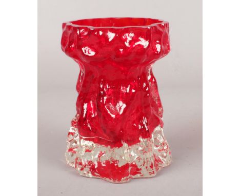 A Whitefriars style bark effect ruby red glass vase. 11cm.  