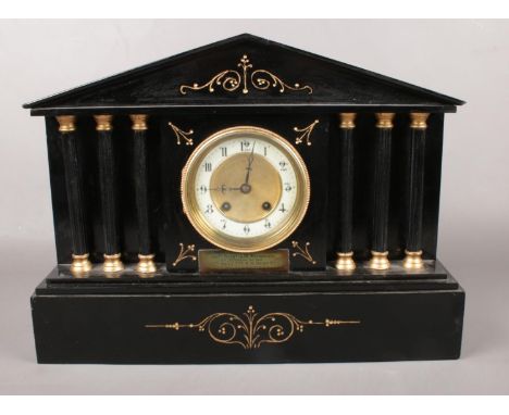 A Victorian Slate presentation mantel clock. 8 day half hour chime. (43cm width 31cm height 14.5cm depth)  
