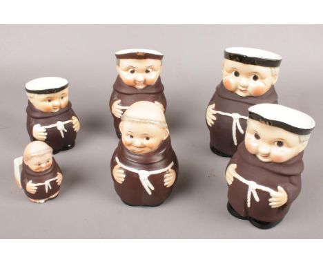 Six pieces of Goebel Monk ceramics. Including set of 3 graduated jugs, etc.  