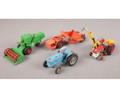 Four farming diecast vehicles. Includes Lesney Matchbox Claas Combine Harvester and Allis Chalmers Motor Scraper, and Corgi M