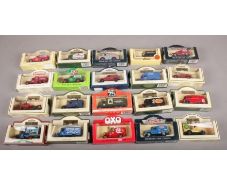 A collection of 20 Lledo die cast vehicles. 1931 Morris Van (Golden Shred), 1939 Chevrolet Parcel Van (Hamleys), 1955 Dennis 