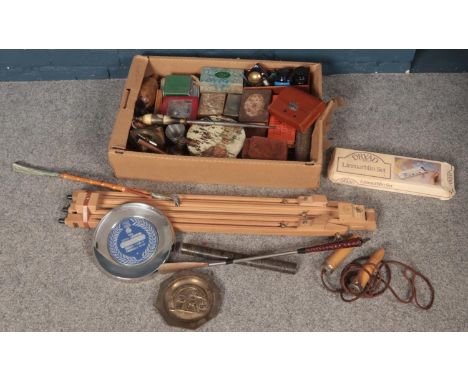 A box of collectables. Including autographs, fountain pens, inkwells, vintage skipping rope, The United Steel Companies LTD l