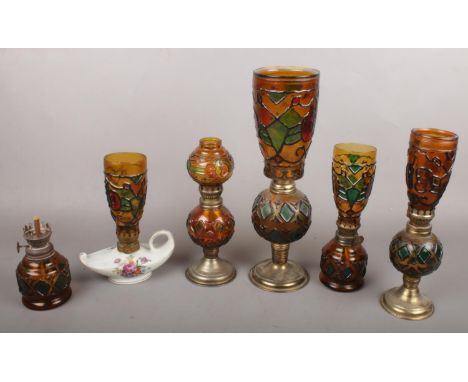 Six coloured glass oil lamps. Including chamber oil lamp with ceramic base example, etc.  