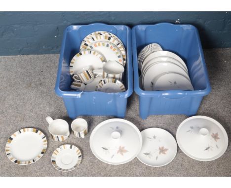 Two boxes of dinner/teawares. Including Royal Doulton Tumbling Leaves and Midwinter examples, etc.  