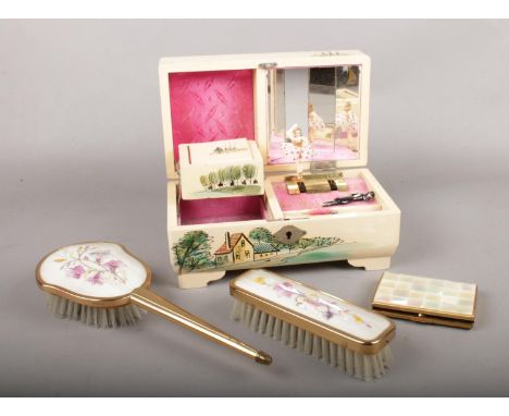 A group of miscellaneous. Vintage painted jewellery box, Mother of pearl compact, dressing table set brushes.  