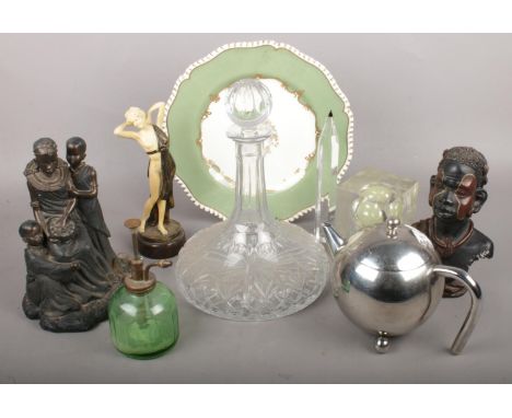 A mixed group lot. Including Royal Worchester plate, figures, coloured glass atomizer, decanter, etc.  