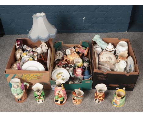 Three boxes of miscellaneous. Includes figural table lamp, toby jugs, Coalport, Aynsley etc.  