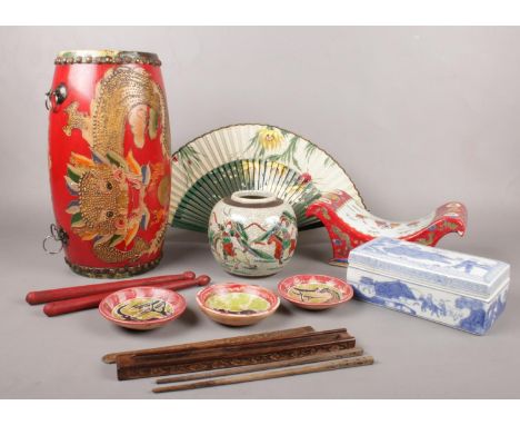 A group of oriental style wares. Oriental hand painted drum, ceramic vase &amp; trinket box etc.  