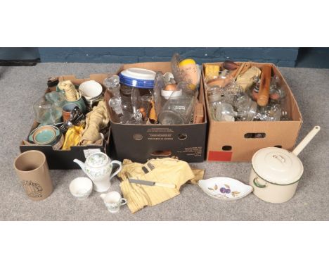 Three boxes of miscellaneous. Includes Shelley, enamel pan, glassware, cutlery etc.  