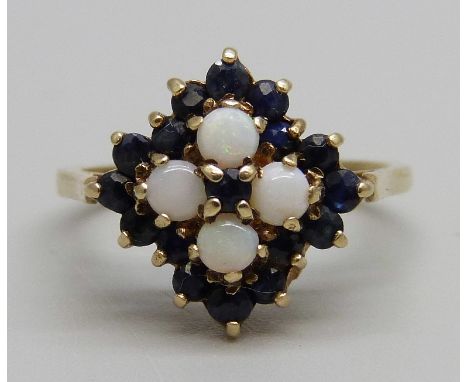 A 9ct gold, opal and sapphire cluster ring, 3.1g, N 