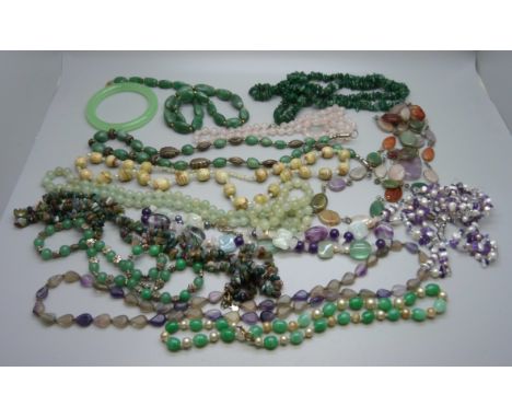 A collection of bead necklaces including pearl, amethyst and jadeite 