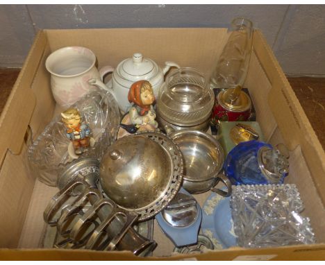 Two Hummel figures, two items of Wedgwood Jasperware, glassware, plated ware, nutcrackers, three lighters, etc. **PLEASE NOTE