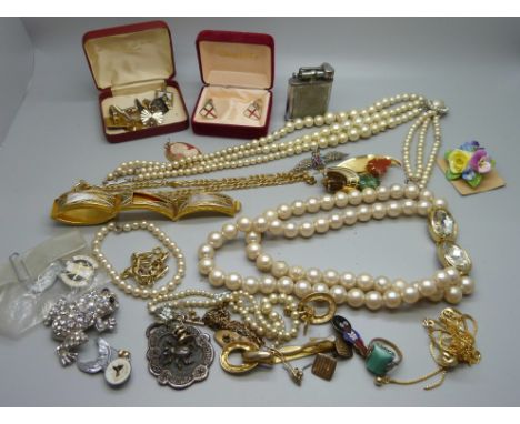 A RAF marcasite set sweetheart brooch, faux pearl necklaces and other costume jewellery 