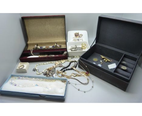 Two cases of costume jewellery including silver and a ceramic box 