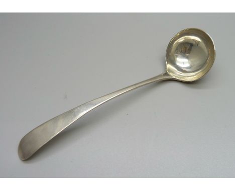 A Georgian ladle, worn Scottish marks, partial makers mark 'A', 24g 