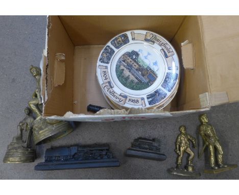 Brass coalminer figures, two model locos and eleven coal mining plates 
