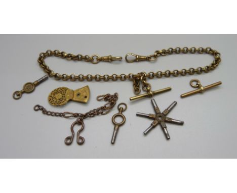 A vintage plated double Albert watch chain and keys, etc. 