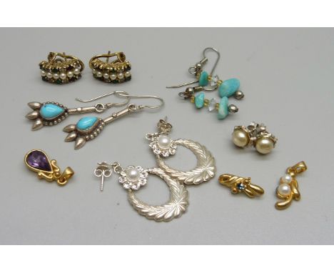 Two pairs of .925 silver and pearl earrings, two pairs of turquoise and .925 silver earrings and a pair of .925 silver gilt a