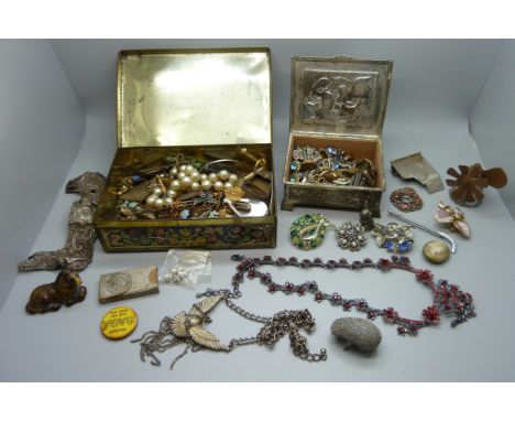 Two tins of vintage costume jewellery, etc. 