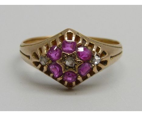 A Victorian 15ct gold, ruby and diamond ring, Birmingham 1876, 2.3g, O 