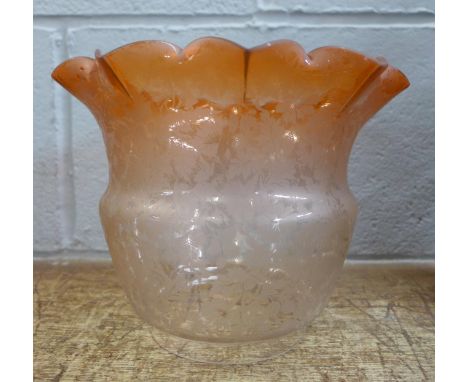 A large glass oil lamp shade etched with flowers and foliage, bottom 10cm diameter 