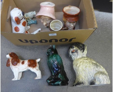 Three character jugs, five model dogs and two model owls 